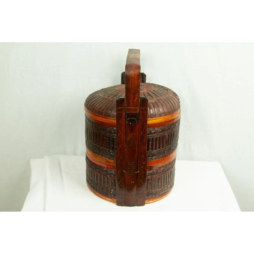 Vintage Chinese Wedding Basket 2 Tier Woven Bamboo Lacquered Picnic Carrier